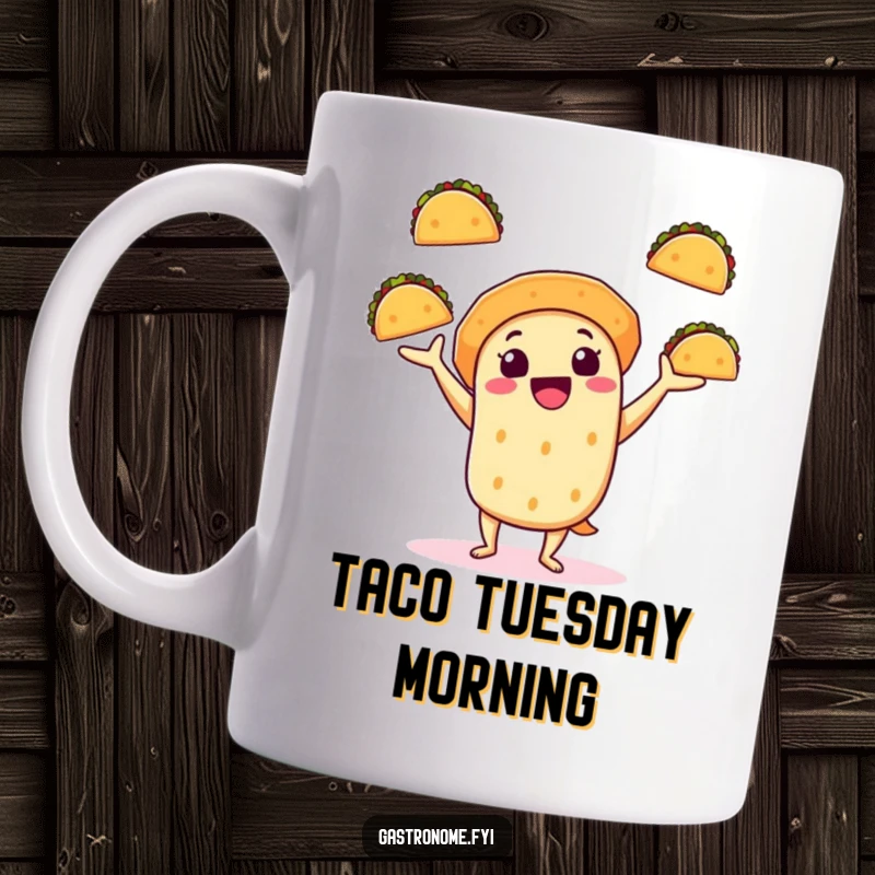 Funny mug featuring a cheerful taco character enthusiastically juggling several mini tacos, embodying a fun fiesta spirit.