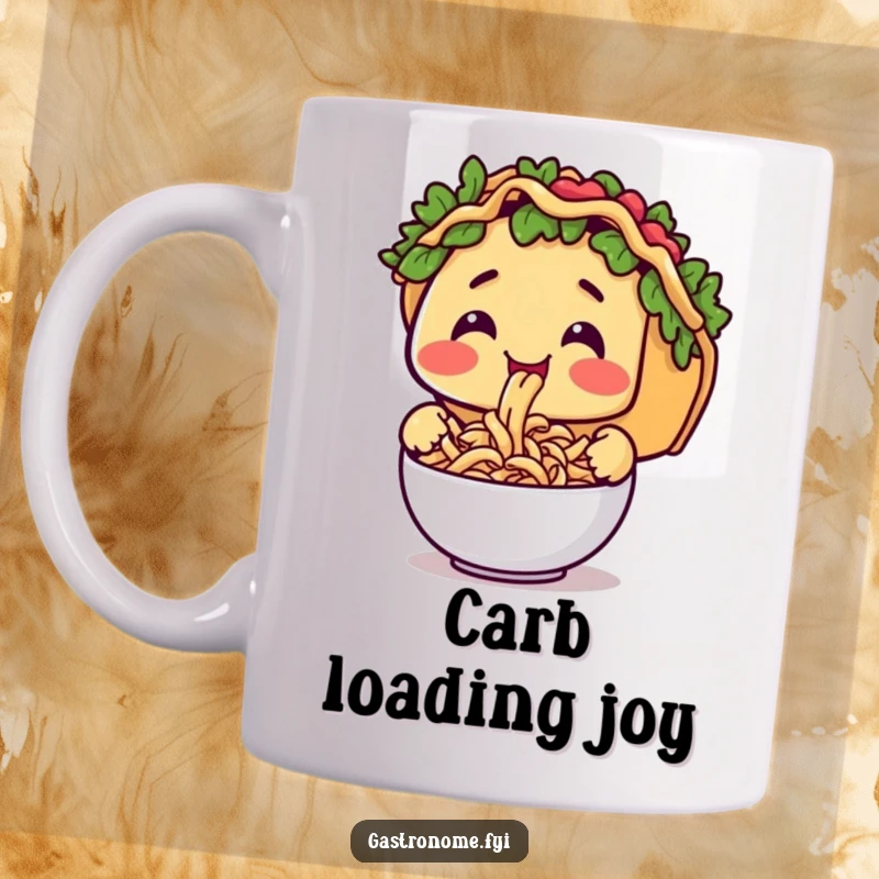 Funny mug showing a smiling taco character happily slurping a bowl of tiny pasta, embodying delicious fusion fun.