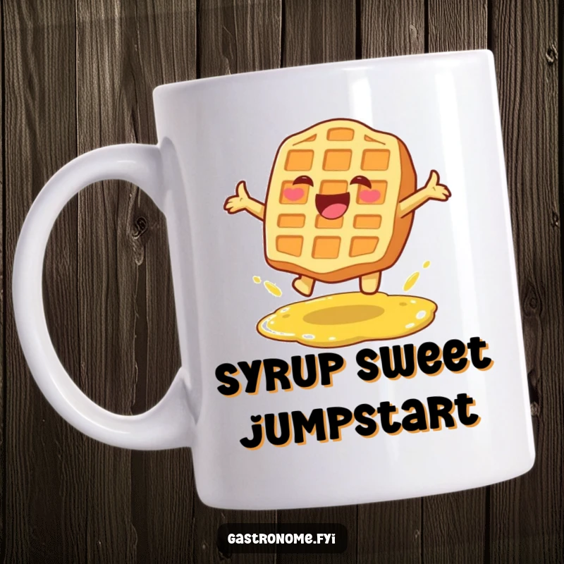 Funny mug showing a delighted waffle character joyfully leaping over a puddle of syrup, celebrating breakfast fun.