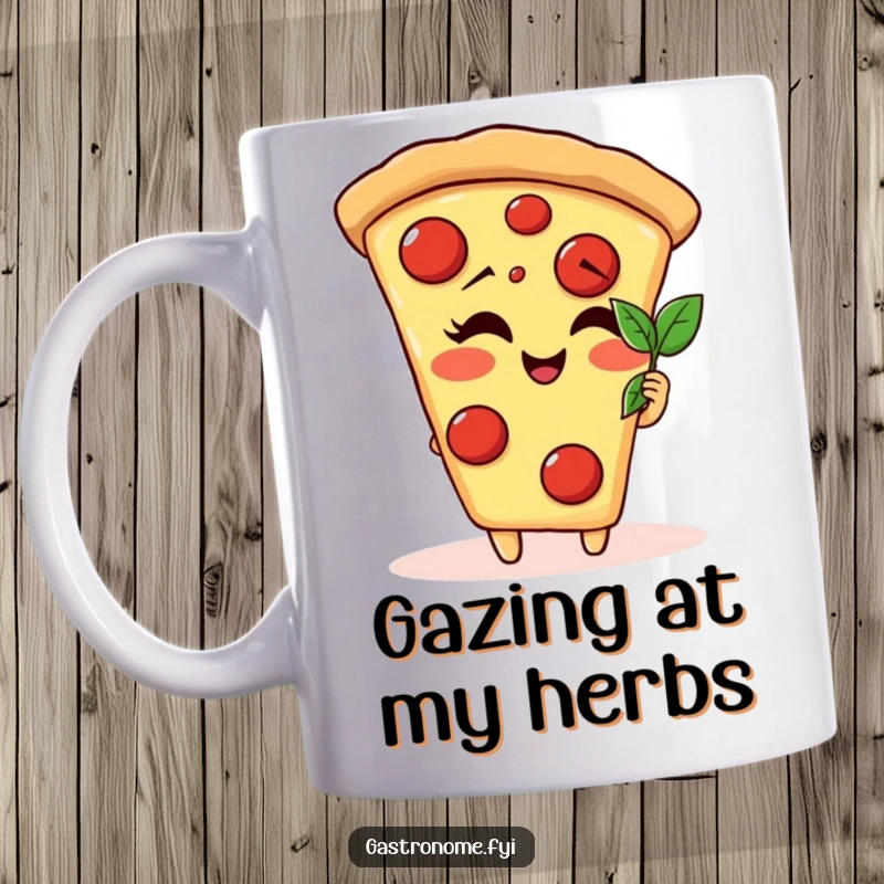 Funny giggling pizza slice character mug caught admiring a tiny basil leaf, a moment of pure, cheesy delight.