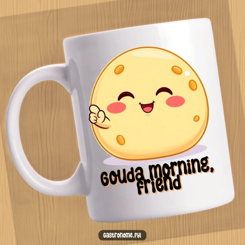 Funny smiling cheese ball mug, a happy, satisfied snack character giving a tiny nod, perfect for a humorous and delightful drink.