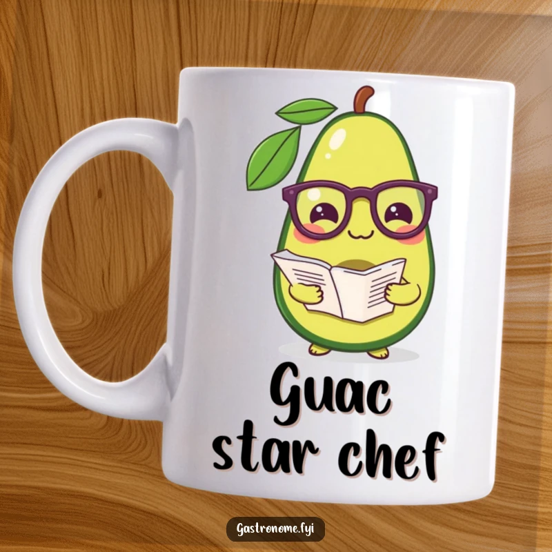 Funny mug featuring a pleased avocado in reading glasses, holding a recipe, ready to cook up a laugh.