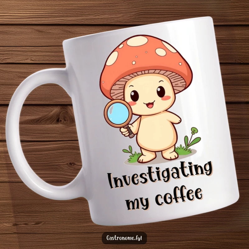 Funny happy mushroom character intently holding a tiny magnifying glass on a mug. Great for curiosity lovers.
