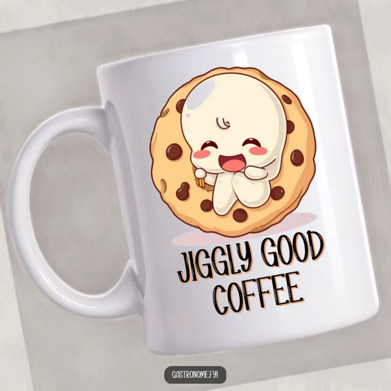 Funny wobbly jelly character happily taking a bite out of a giant cookie on a ceramic coffee mug, a sweet gift.