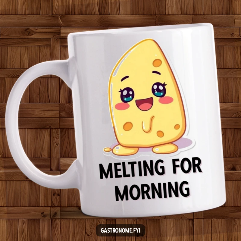 Funny mug showing a cheerful cheese character happily melting, radiating pure joy and cheesy goodness.