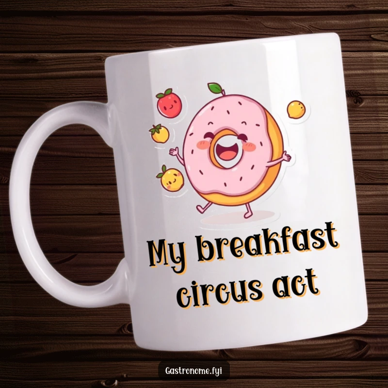 Funny donut character mug joyfully juggling three small fruits, representing a fun and energetic start to the day.