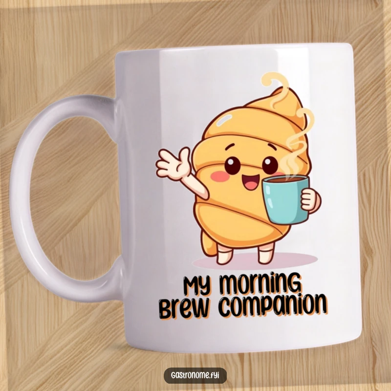 Funny mug with a cheerful croissant character enthusiastically gesturing towards a steaming cup, inviting a warm moment.