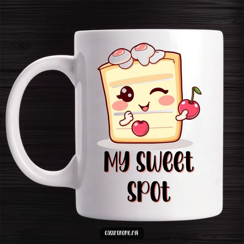 Funny mug with a delighted, winking cake slice character holding a tiny cherry, perfect for a sweet and humorous gift.