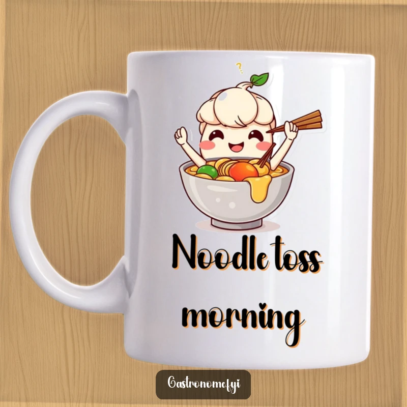 Funny mug showing a smiling ramen bowl character skillfully juggling chopsticks, celebrating the art of eating noodles.