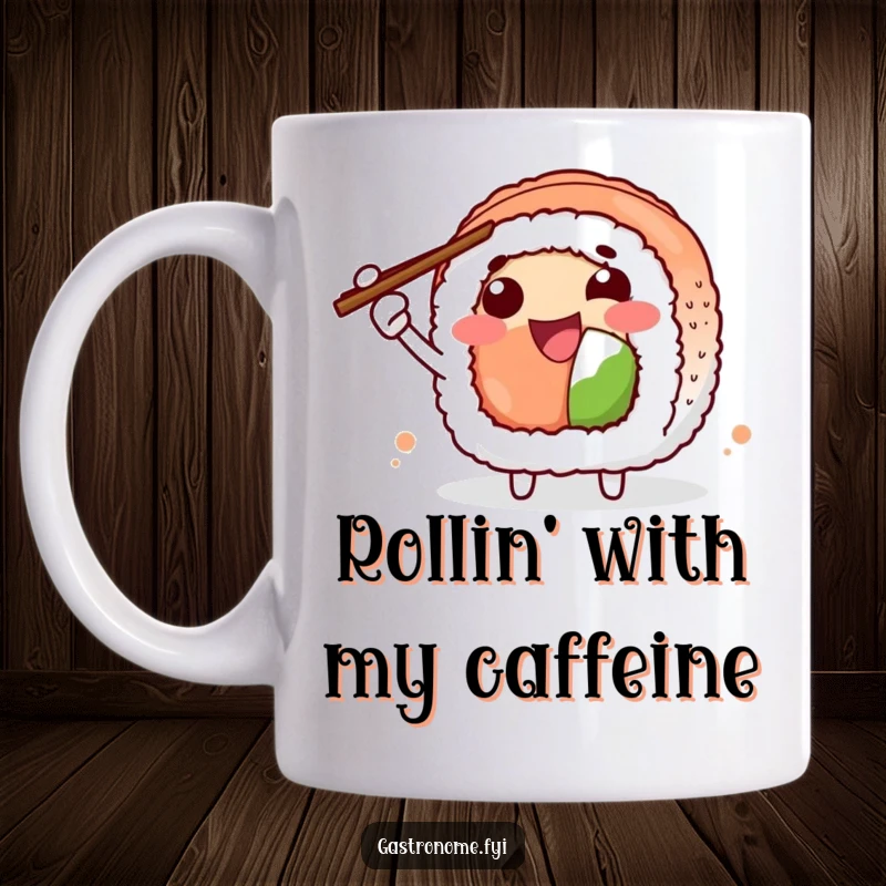 Funny Mug featuring a joyful sushi roll character enthusiastically gesturing with chopsticks, ready to eat. Perfect for sushi fans.