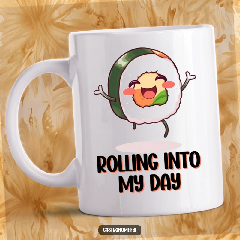 Funny mug: A smiling sushi roll with legs enthusiastically doing a silly jig, celebrating Japanese cuisine and fun.