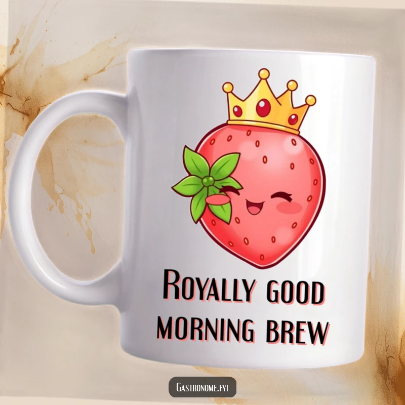Funny beaming strawberry character wearing a tiny crown, radiating joy on a mug, perfect for a regal gift.