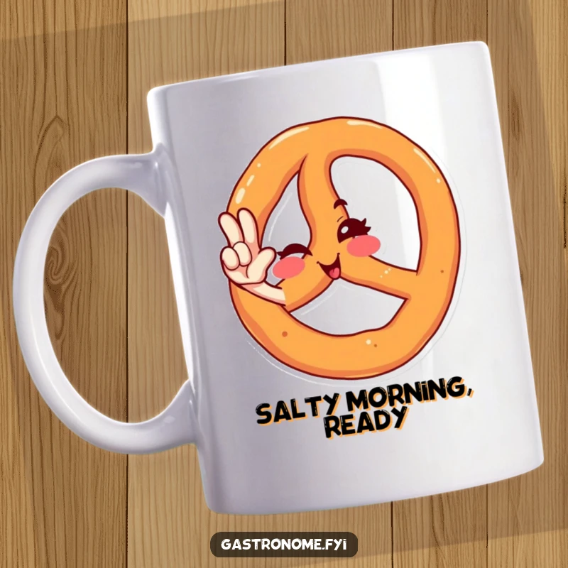 Funny pretzel mug featuring a winking pretzel character in a dapper salute pose, exuding quirky charm and comedic flair.