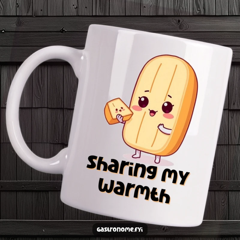Funny Mug: A proud baguette character with anthropomorphic features offers a tiny, perfect slice of bread to another character.