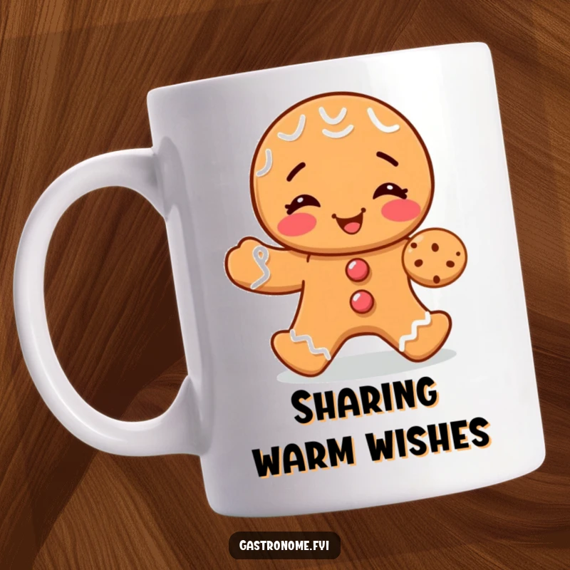 Funny mug featuring a giggling gingerbread man happily sharing a tiny cookie, symbolizing friendship and holiday spirit.