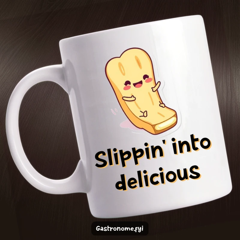 Funny Mug featuring a smiling baguette character gleefully sliding down a pat of butter. Hilarious food-themed design.