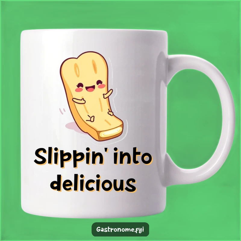 Funny Baguette Butter Mug: Smiling Character Sliding, Perfect Fun Foodie Gift