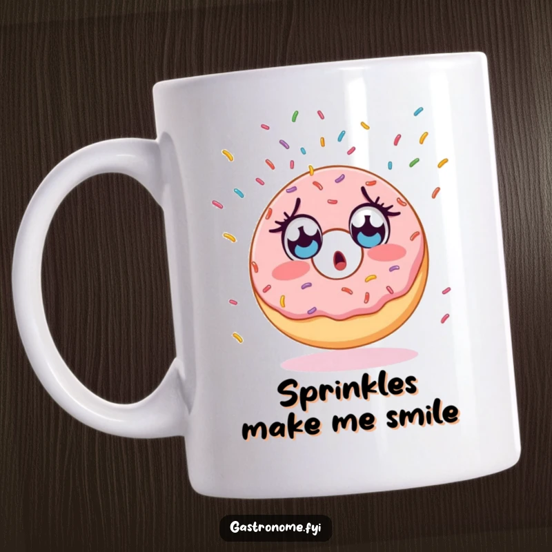 Funny mug featuring a surprised donut character with wide eyes watching an endless stream of sprinkles fall.