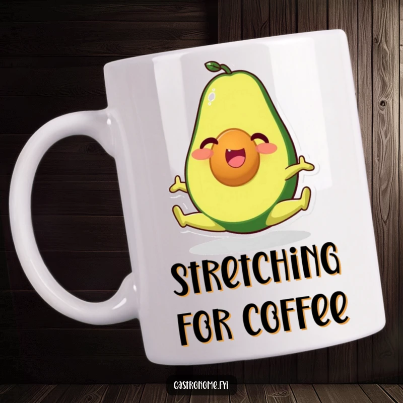 Funny mug featuring a happy avocado character performing a perfect split, showcasing flexibility and healthy humor.