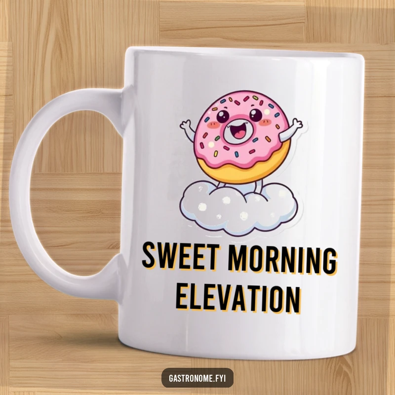 Funny Mug: A cheerful donut character with colorful sprinkles joyfully bounces on a fluffy sugar cloud, radiating happiness.