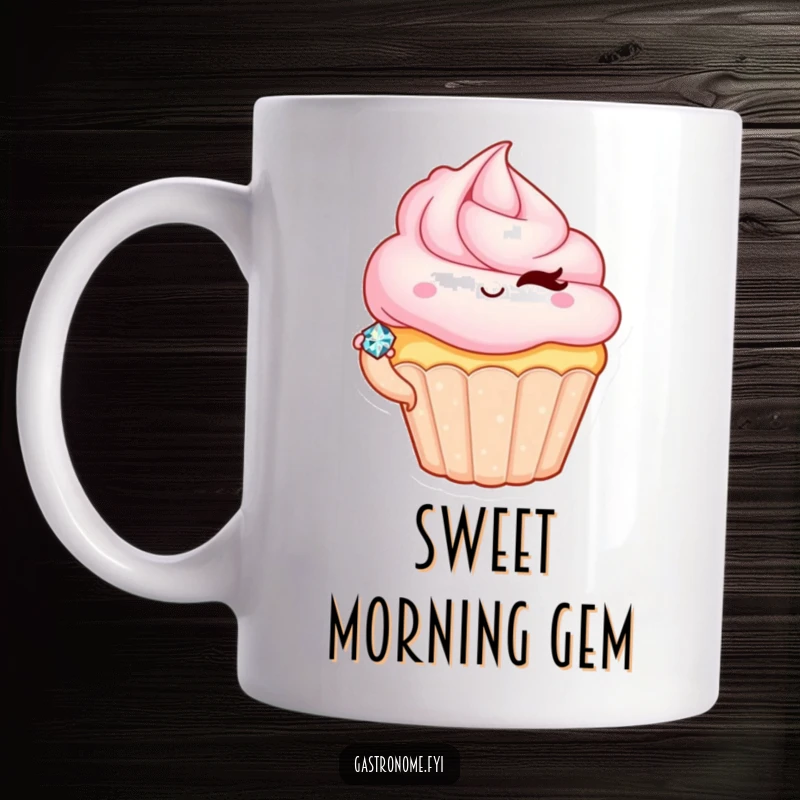 Funny mug featuring a winking cupcake character presenting a tiny, sparkling jewel, celebrating sweetness and luxury.