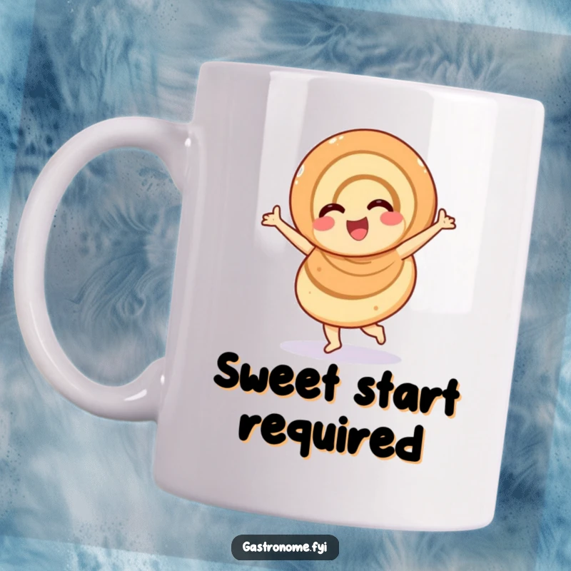 Funny overjoyed cinnamon roll mug, a happy pastry character doing a cheerful twirl, perfect for a sweet and humorous beverage experience.