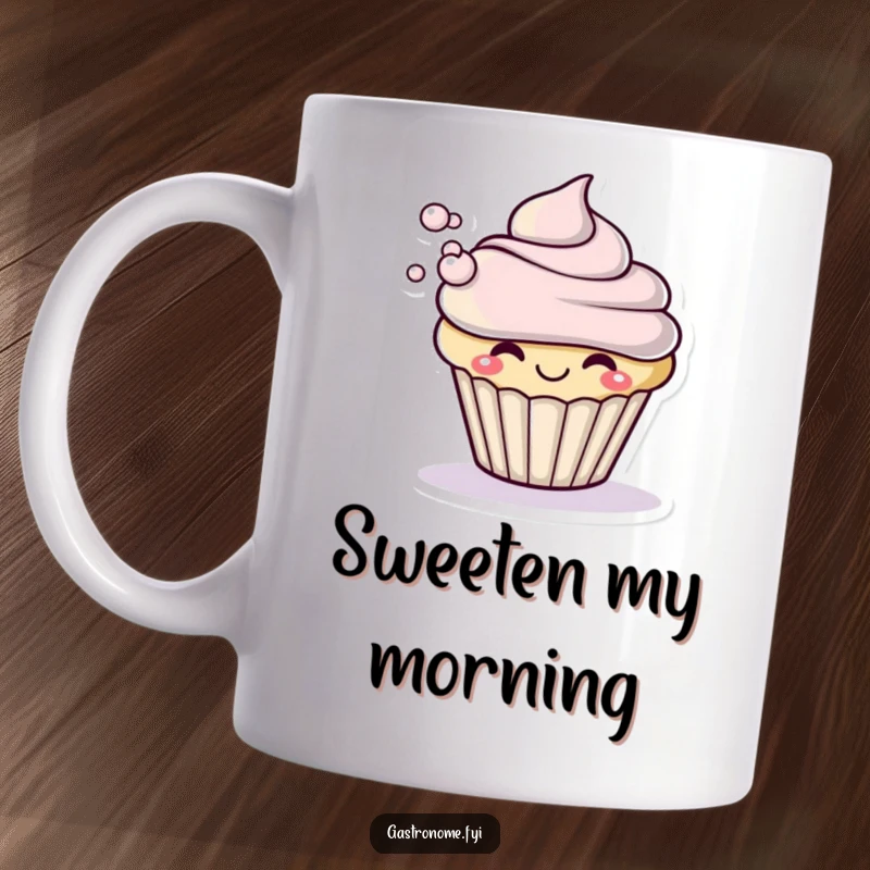 Funny mug with a smiling cupcake character dramatically blowing a small puff of frosting, capturing a whimsical, sweet moment.