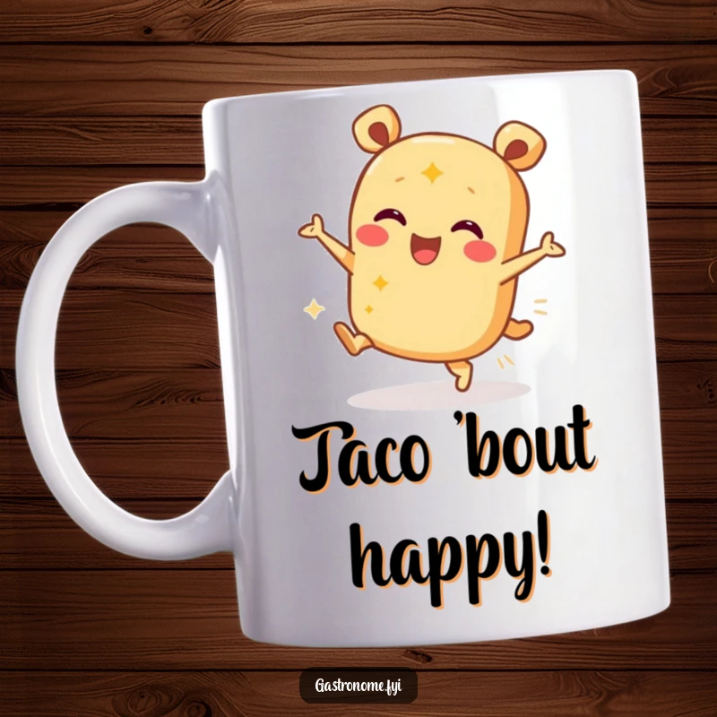 Funny mug depicting a joyful burrito character doing a lively happy dance, celebrating delicious food and fun.