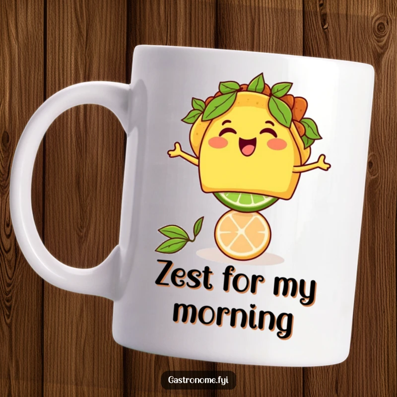 Funny thrilled taco character perfectly balancing a tiny lime on its top, radiating joy on a mug. Great gift.