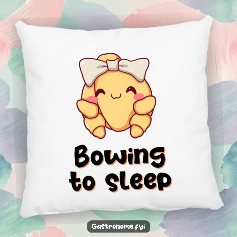 Funny croissant pillow, showcasing a delighted croissant performing a proud little bow, a cozy and elegant decorative accent.