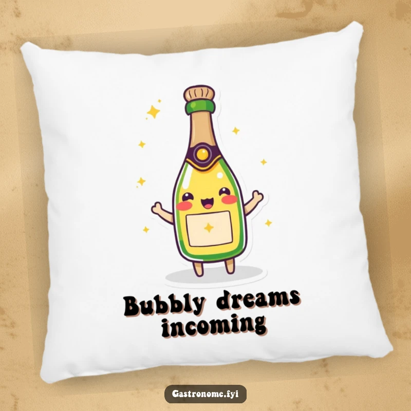 Funny pillow featuring a beaming champagne bottle character, radiating comfort and bubbly joy, perfect for accentuating any cozy spot.