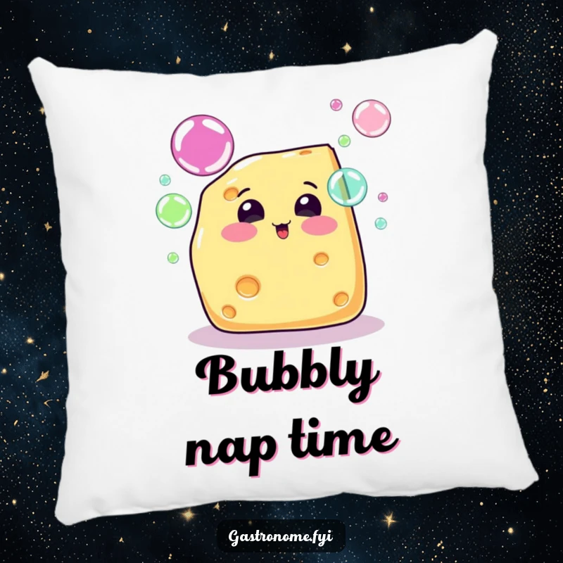 Funny cheese wedge character blowing rainbow bubbles, creating a soft and humorous accent pillow for comfort.