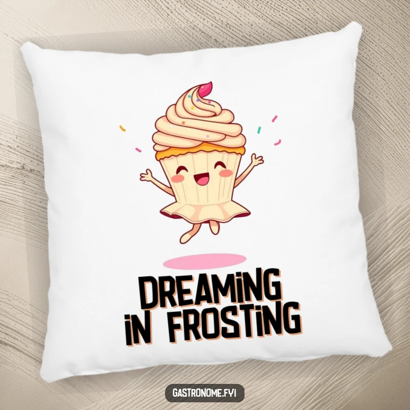 Funny throw pillow featuring a cupcake character doing a pirouette with falling sprinkles, bringing sweet comfort and joy.