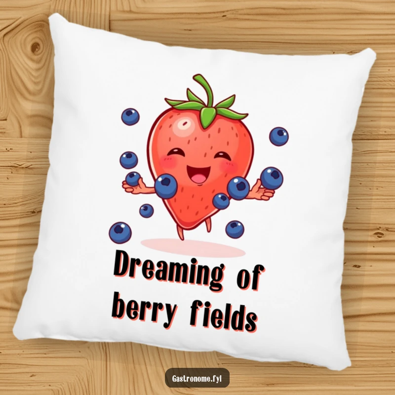 Funny pillow featuring a cheerful strawberry character gleefully juggling tiny blueberries, perfect for adding a touch of fruity comfort.