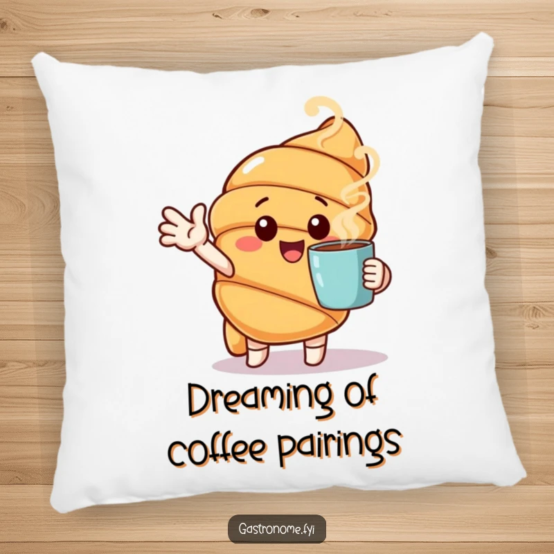 Funny pillow with a cheerful croissant character gesturing towards a steaming cup, perfect for cozy morning decor.
