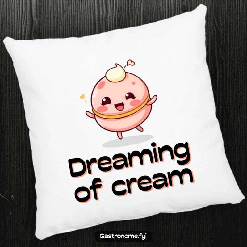 Funny pillow with a giggling, bouncing macaroon character and a cream dollop, offering plush comfort.