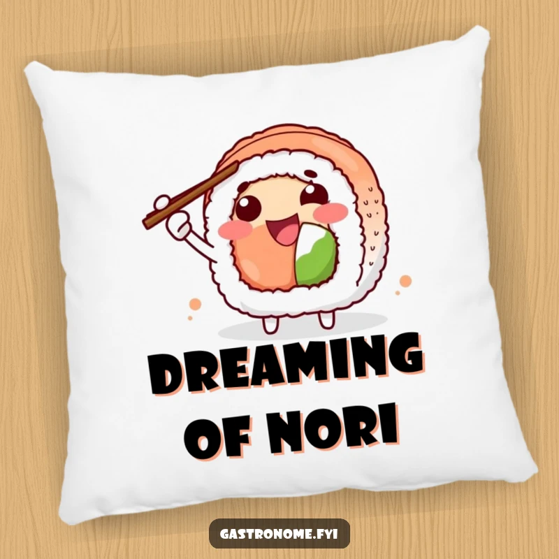 Funny Pillow featuring a joyful sushi roll character enthusiastically gesturing with chopsticks. Soft and humorous home decor.