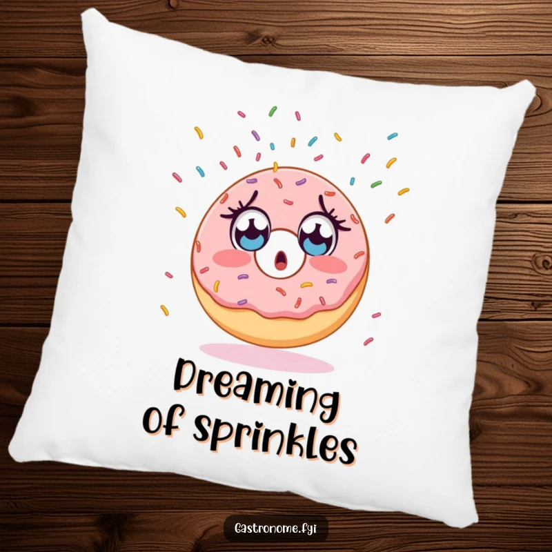 Funny pillow with a surprised donut character, wide-eyed, admiring an endless stream of falling sprinkles.