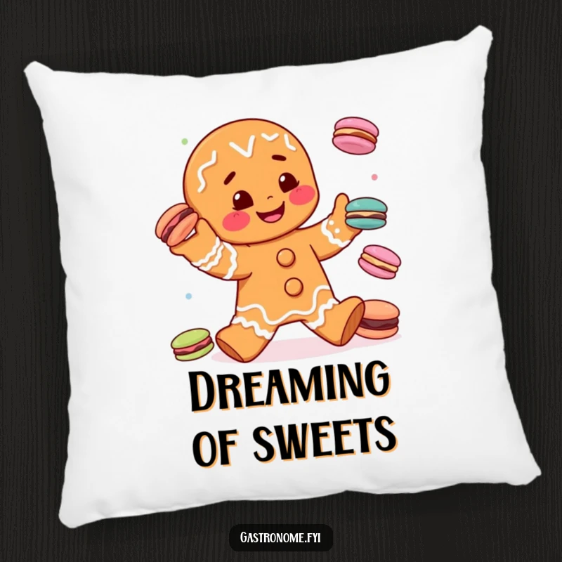 Funny gingerbread man character juggling miniature macarons, printed on a soft decorative pillow, adding whimsical and humorous flair.