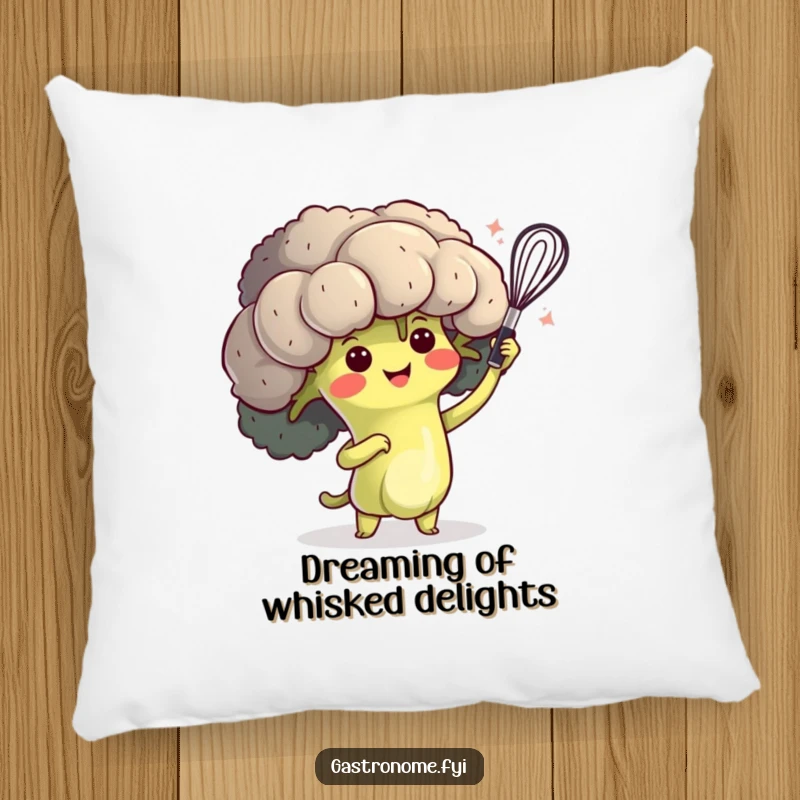Funny pillow with a happy broccoli character performing a dramatic whisk flourish, perfect for cozy kitchen decor.