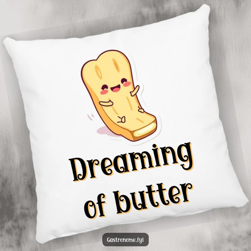 Funny Pillow featuring a smiling baguette character sliding down butter. Soft and humorous home decor.