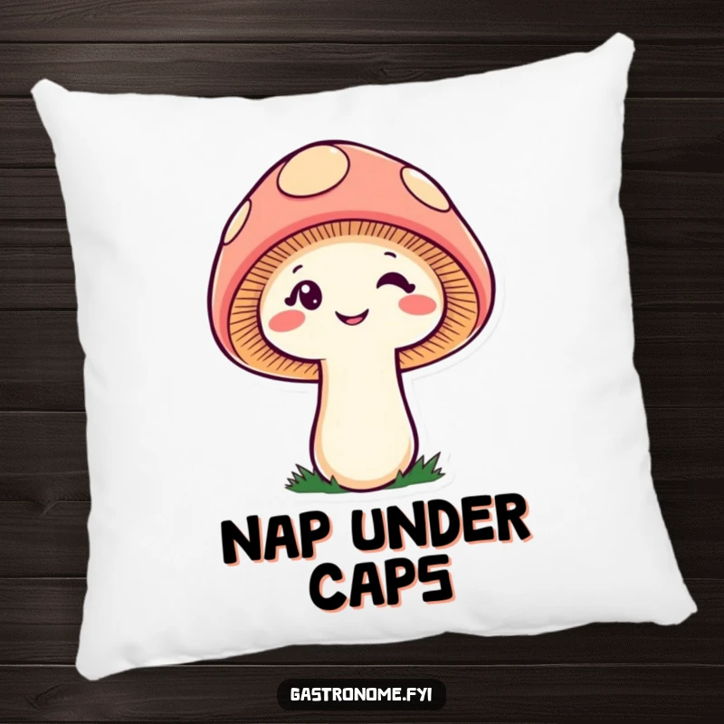 Funny cheeky mushroom pillow, a soft cushion featuring a winking fungi character, providing playful, humorous comfort.