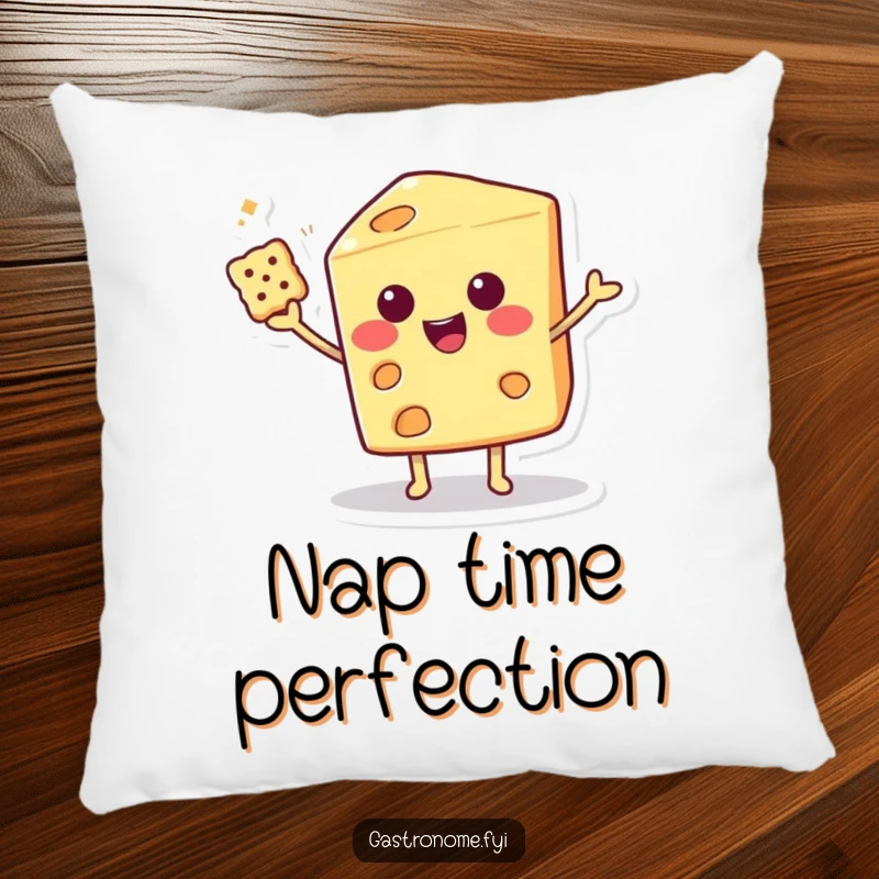 Funny Decorative Pillow featuring a smiling cheese wedge character balancing a cracker with flair, offering comfort and humor.