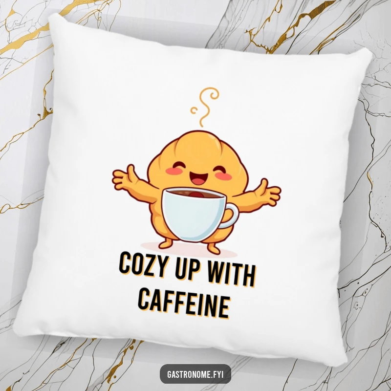 Funny Pillow featuring a happy croissant character embracing a steaming coffee cup. Soft and humorous decor.