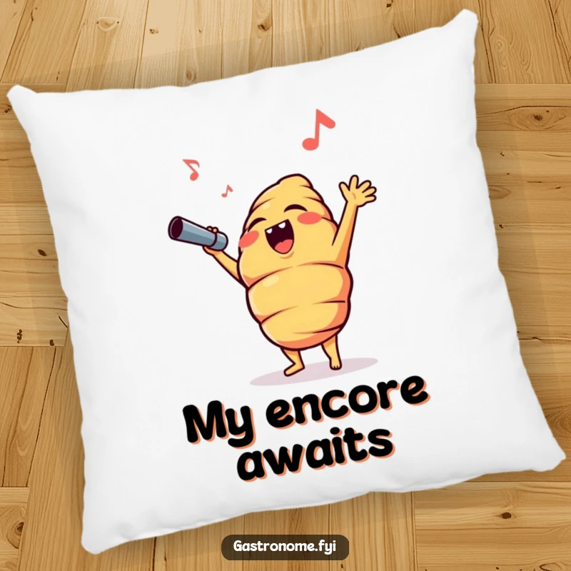Funny anthropomorphic croissant character singing opera, printed on a soft decorative pillow, adding humorous flair to any room.