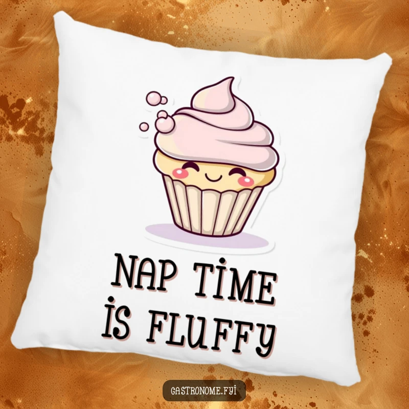 Funny pillow featuring a smiling cupcake character dramatically blowing a small puff of frosting, perfect for adding a touch of sweet comfort.
