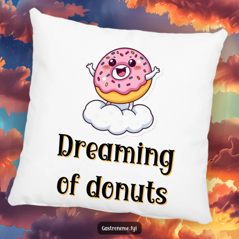 Funny Pillow: A happy donut character with sprinkles joyfully bounces on a sugar cloud, creating a funny and comforting decor piece.