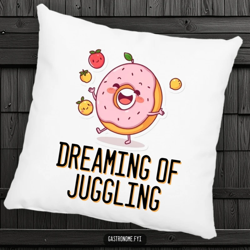 Funny donut character pillow happily juggling three small fruits, providing cozy comfort and a humorous decorative touch.