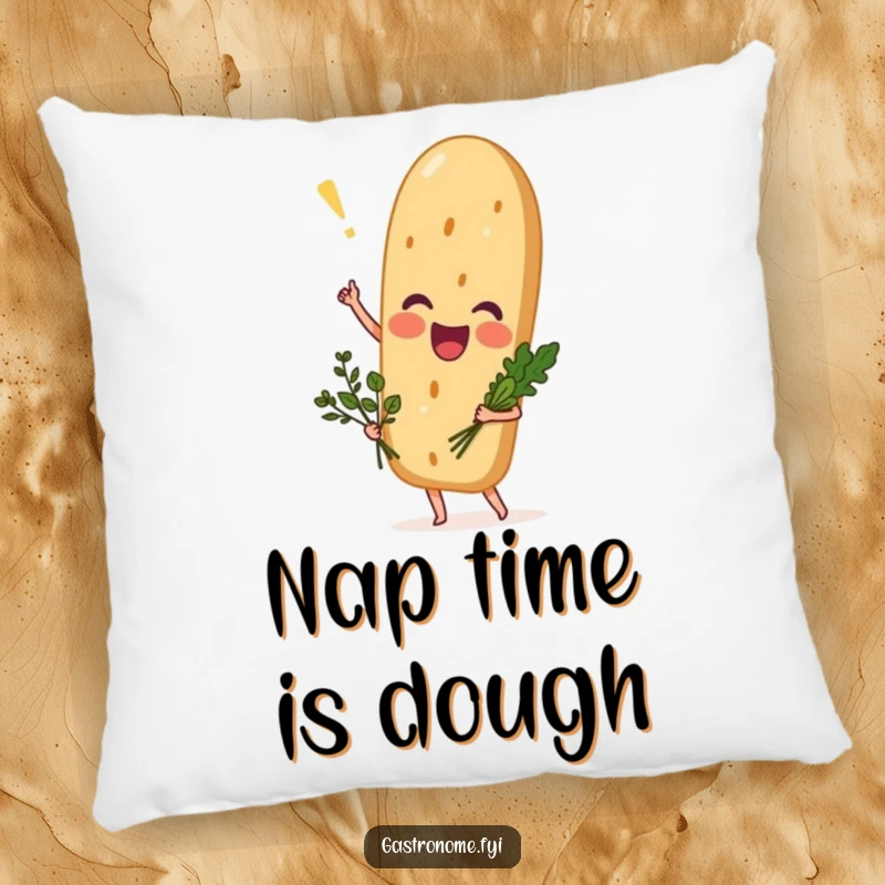Funny excited baguette pillow, a soft cushion featuring a bread character with a tiny herb bouquet, offering humorous comfort.