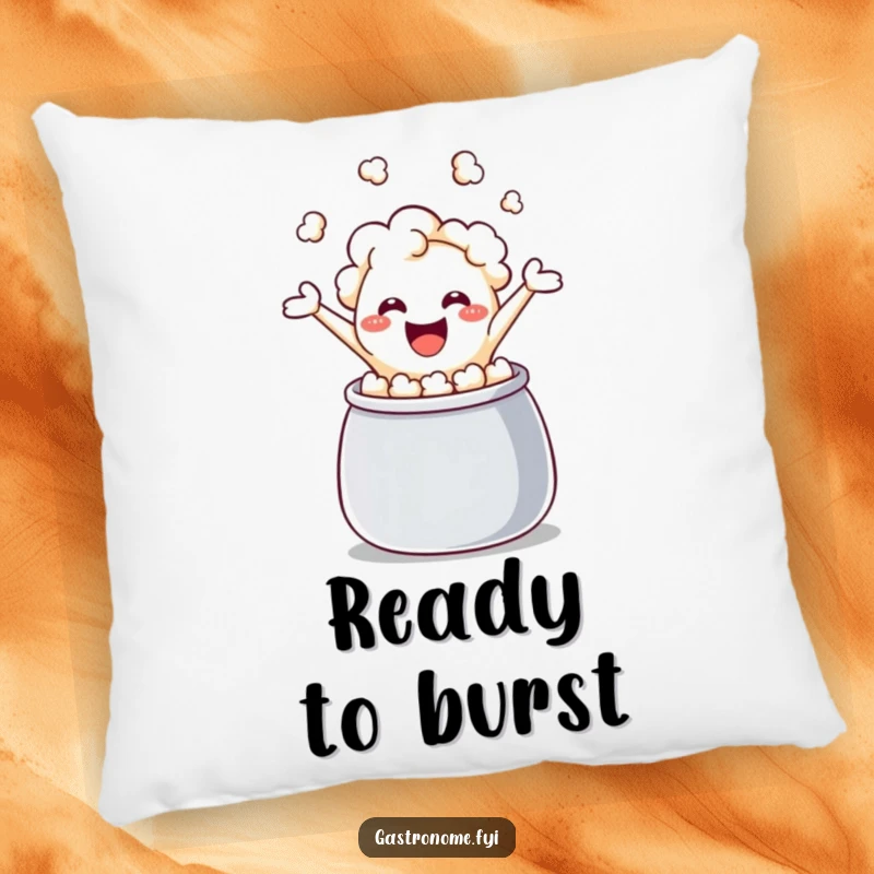 Funny popcorn kernel pillow, showing a kernel gleefully jumping from a kettle, offering comfort and a side of infectious, snack-themed humor.